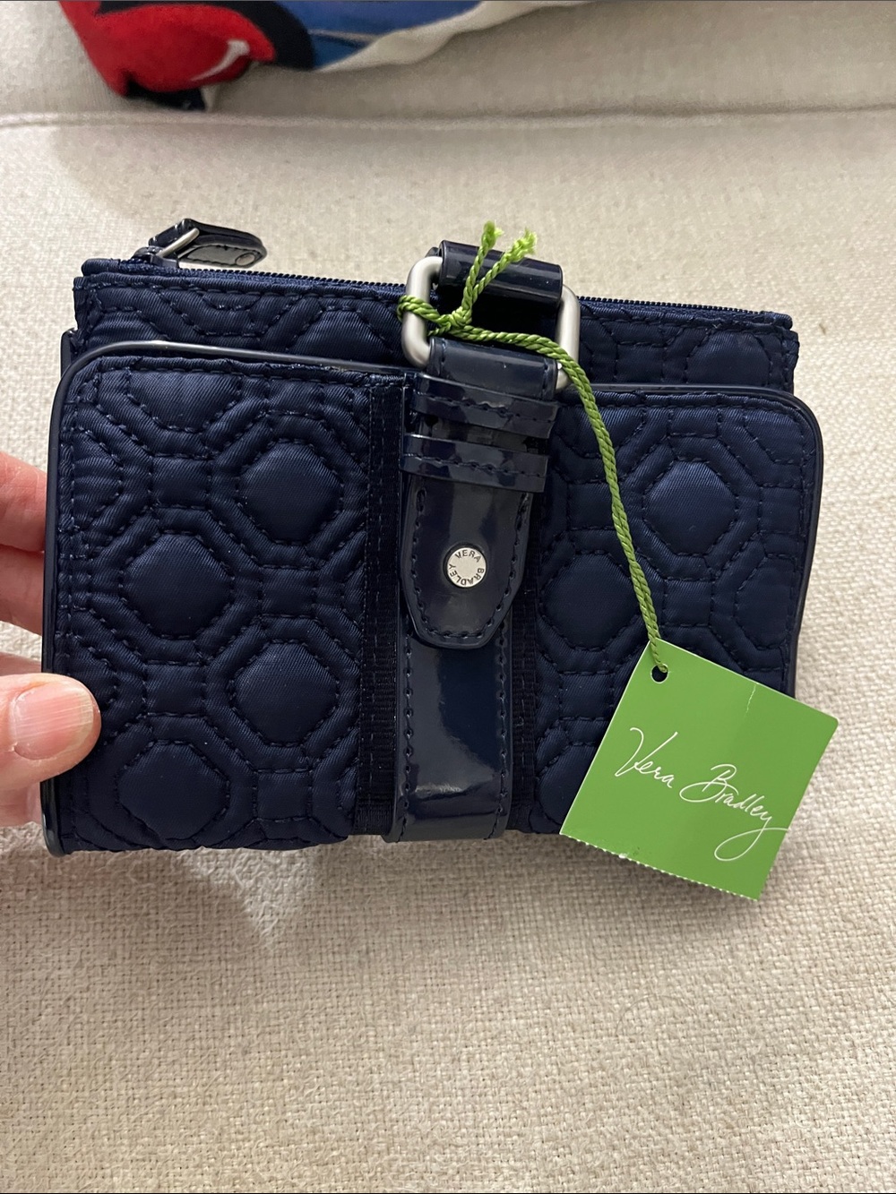 Vera Bradley Quilted Navy Wallet Patent Strap Detail credit cards photo ID